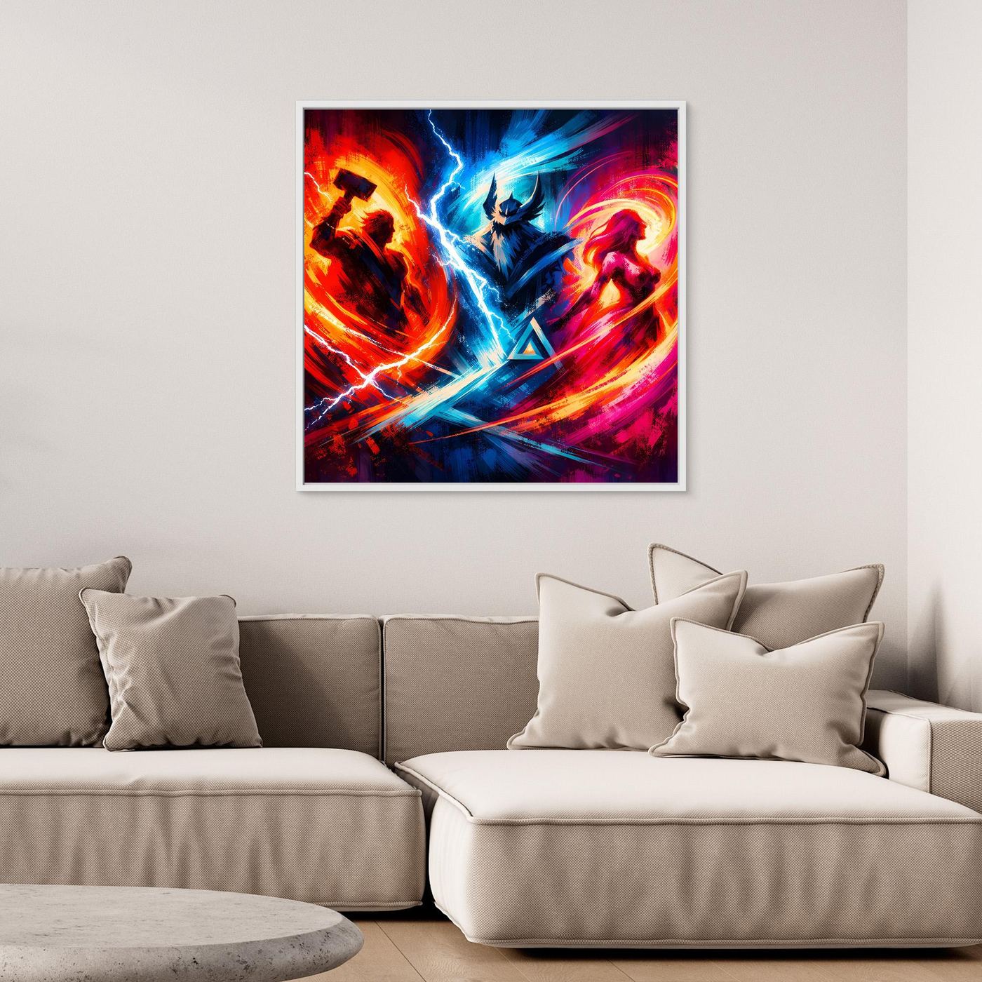 Quadratisches Fantasy-Wandbild mit leuchtenden Energiespuren in Blau, Rot und Gelb