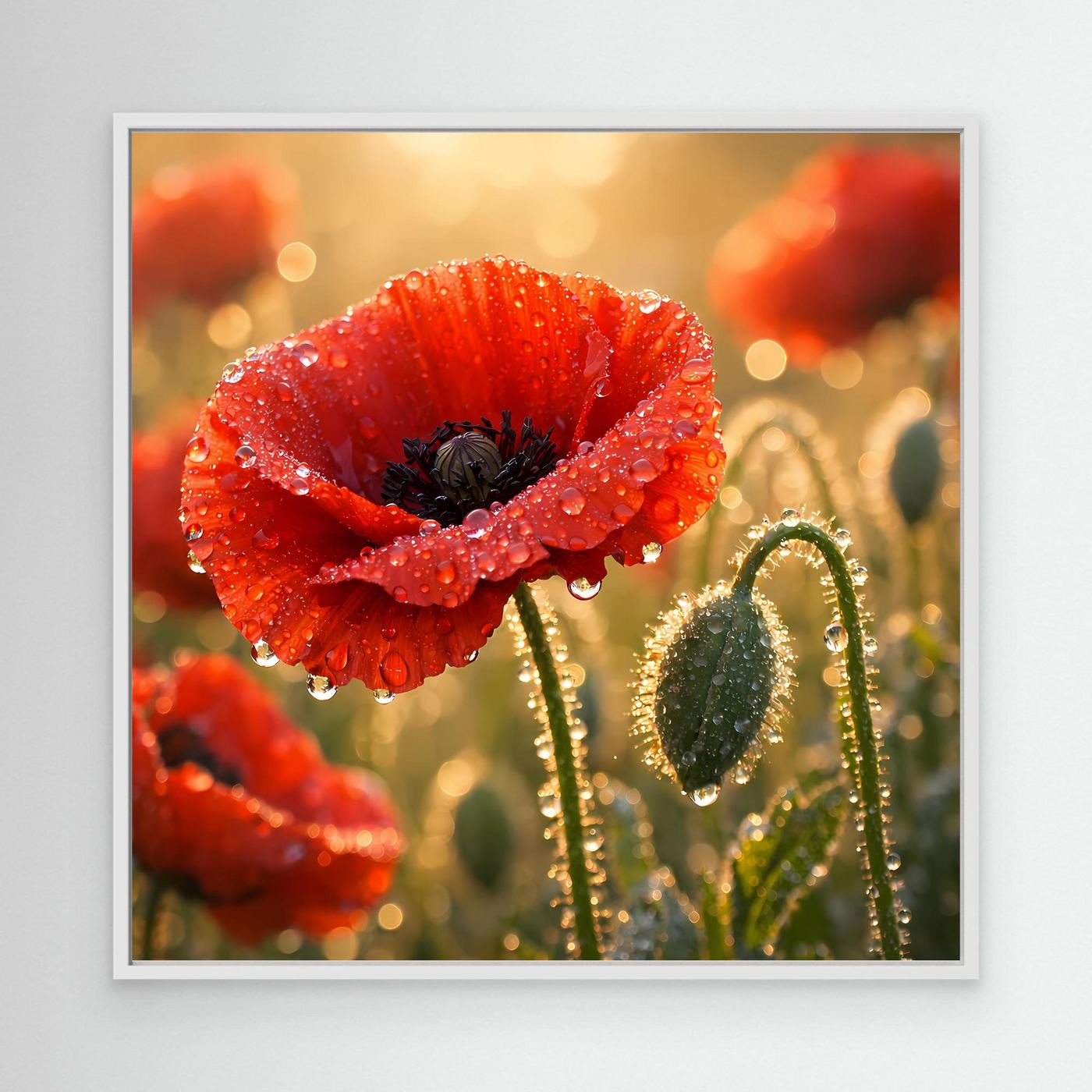 Leinwandbild mit rotem Klatschmohn und Wassertropfen, weißer Rand