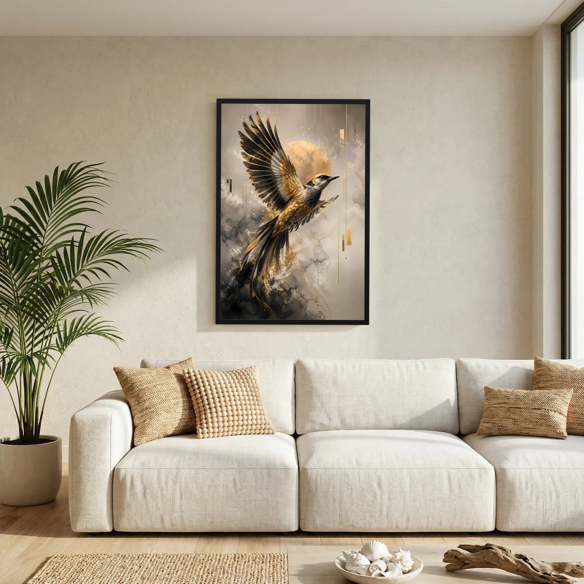Hochformat-Kunstposter mit Paradiesvogel im Flug in Schwarz und Gold, schwarze Einrahmung