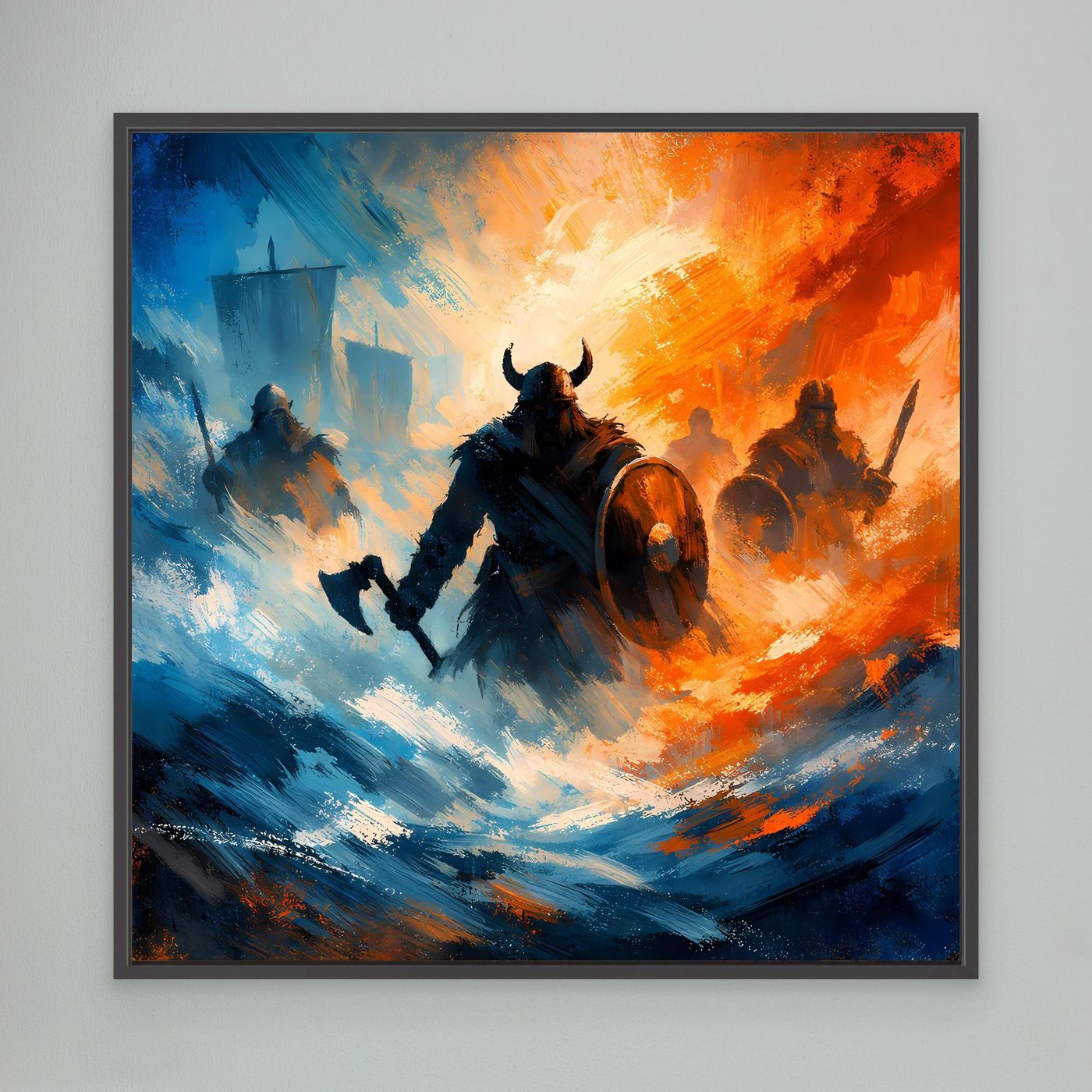 Wandbild mit Wikinger-Kriegern im Sturm, Blau-Orange, mit schwarzem Rahmen