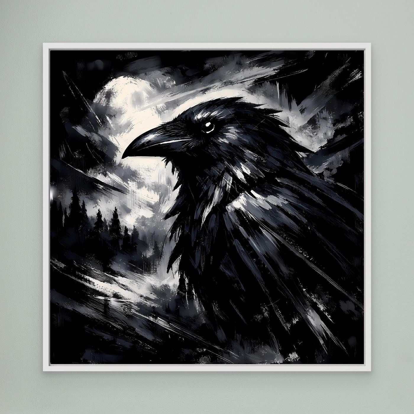 Gothisches Wandbild mit schwarzem Rabenmotiv und silbrigem Vollmond, weißer Rahmen
