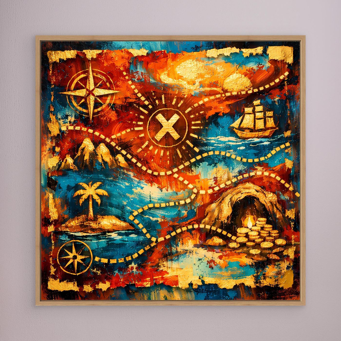 Leinwandbild mit abstrakter Schatzkarte, Kompass und X-Markierung, Holzrahmen