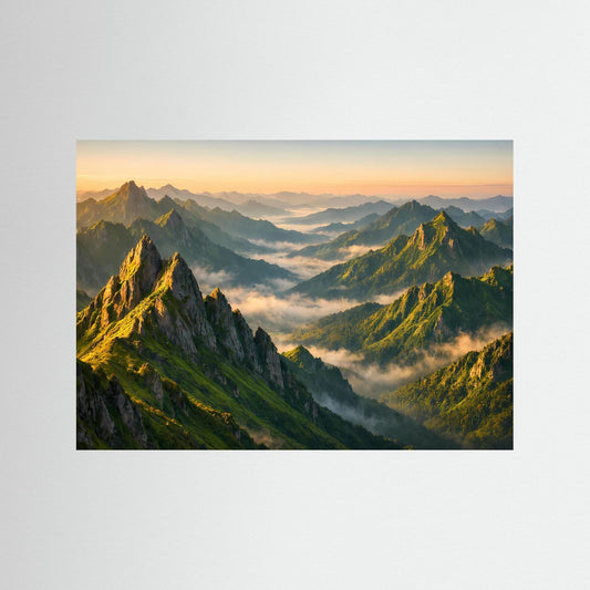 Bergpanorama-Poster im Querformat mit Sonnenaufgang über grünen Gebirgszügen