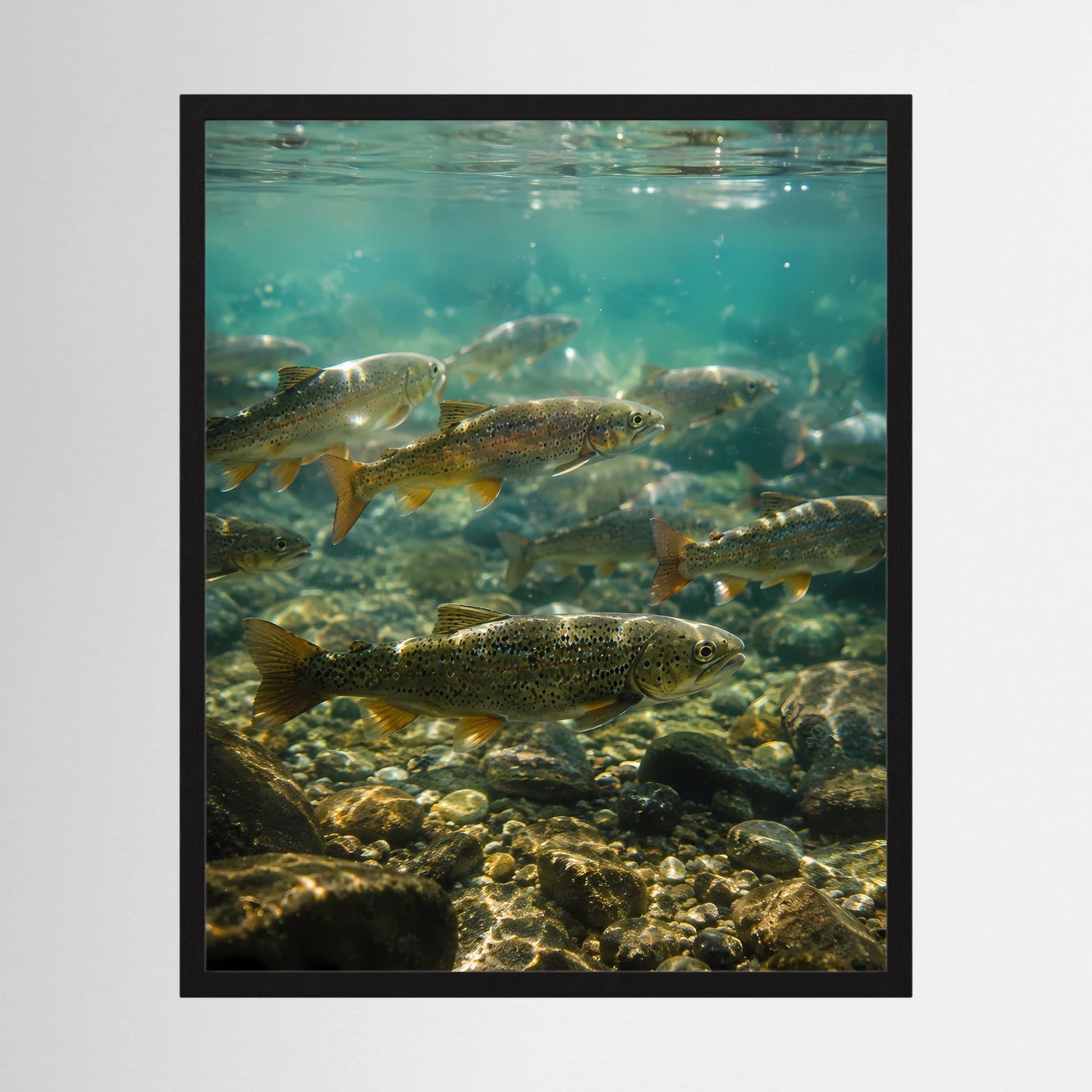 Poster im Hochformat mit Forellen im klaren Wasser, schwarze Umrandung.