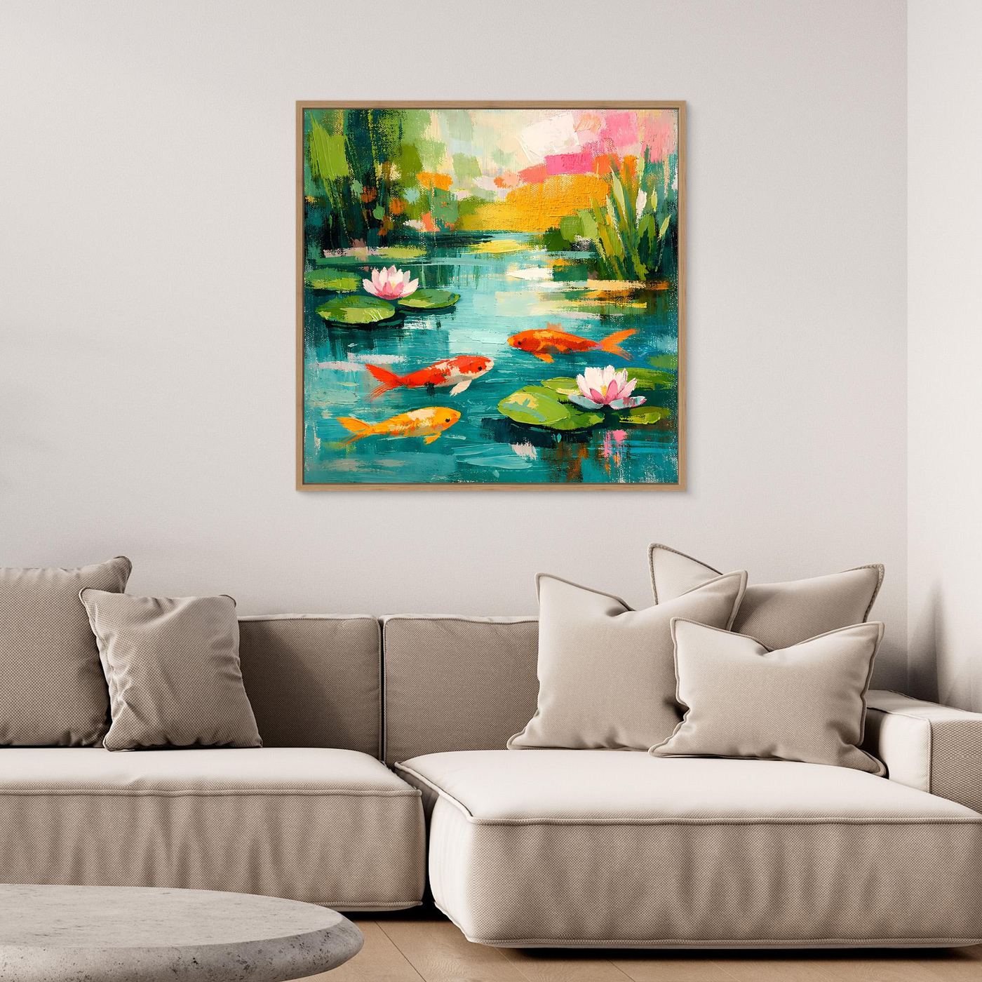 Abstract koi pond wall art, framed in light wood, with koi fish and lily pads