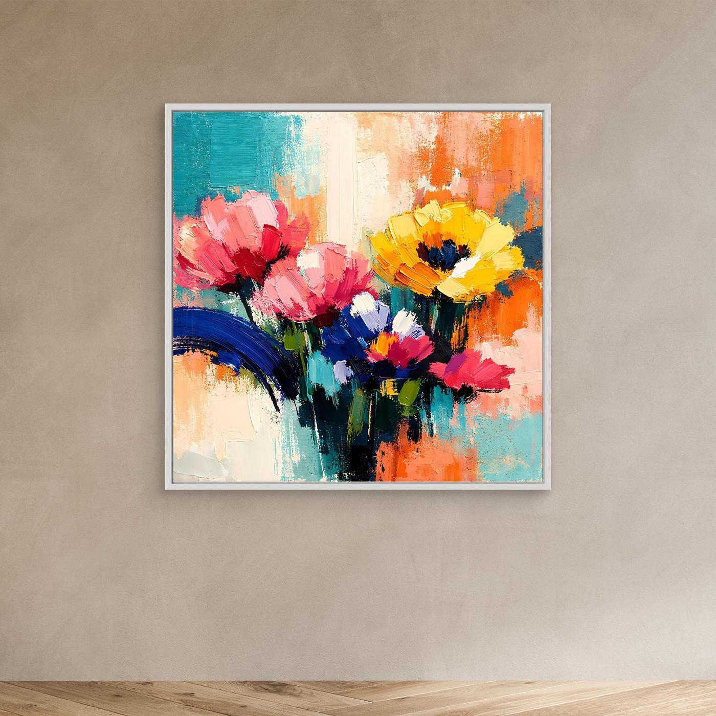 Abstraktes Leinwand-Wandbild mit bunten Sommerblumen in Ölfarbenoptik, weißer Rahmen