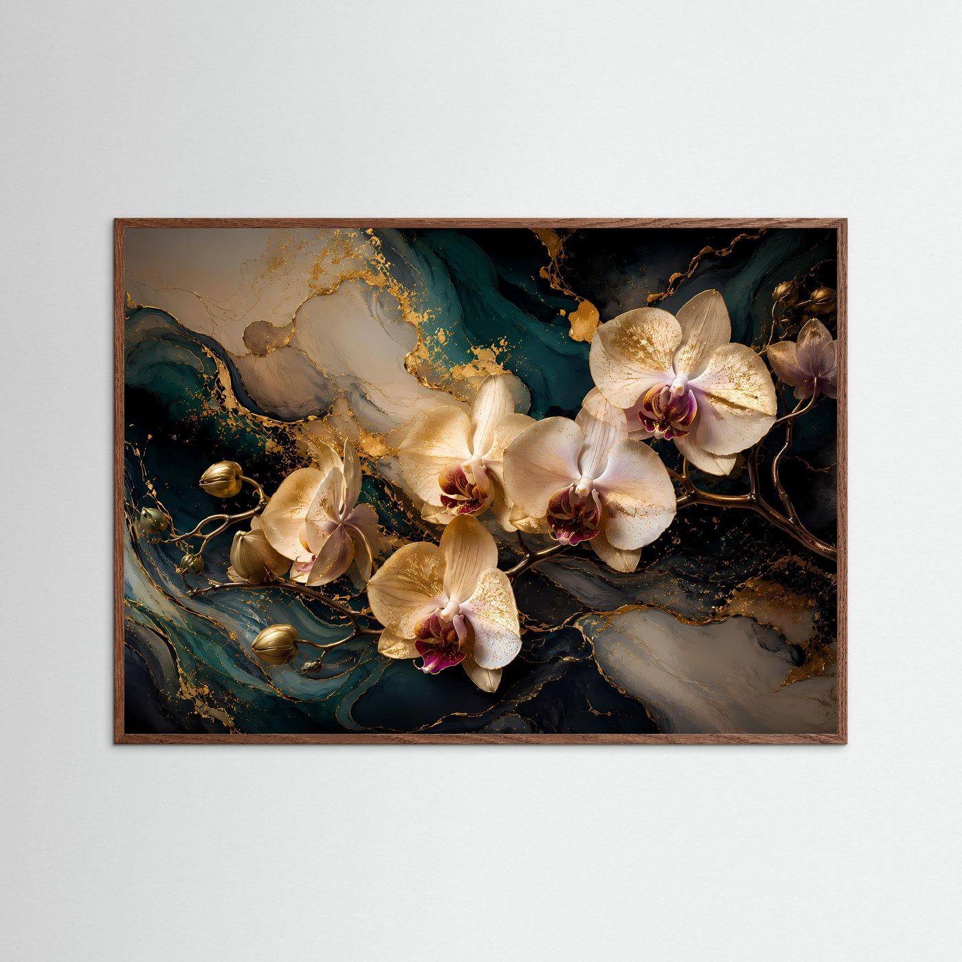 Gerahmtes Querformat-Poster mit beigen Orchideen, dunkler Holzrahmen
