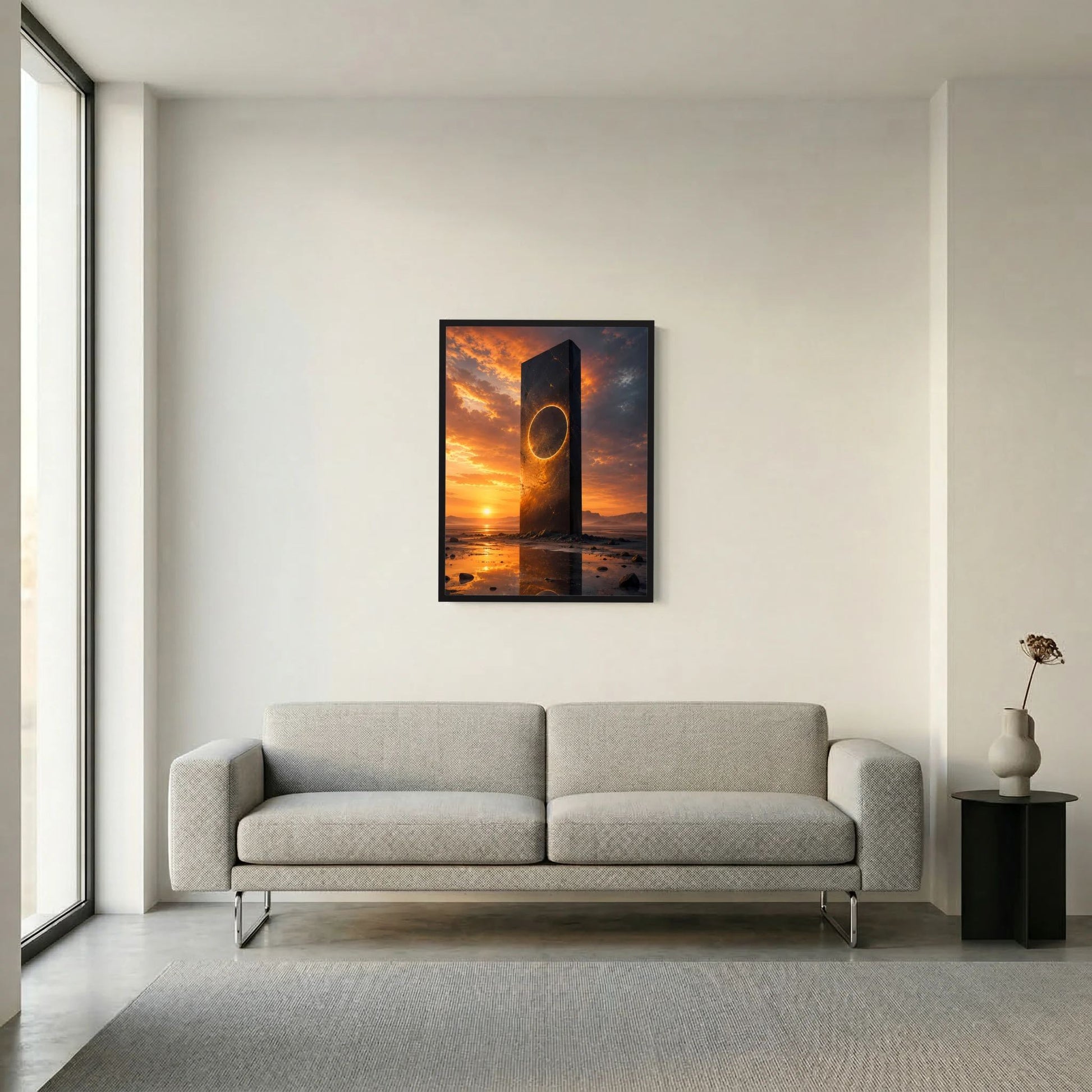 Hochformat-Poster mit dunklem Monolithen und goldener Ringöffnung vor Sonnenuntergang