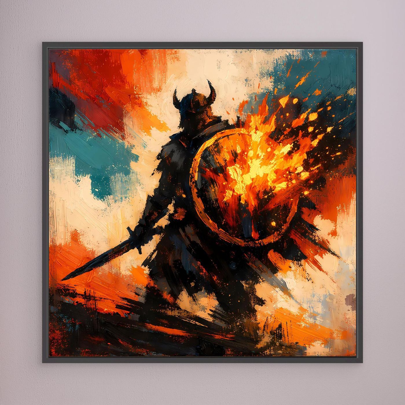 Wandbild auf Leinwand im dunklen Rahmen: Wikingerkrieger-Silhouette mit brennendem Schild, bunt.