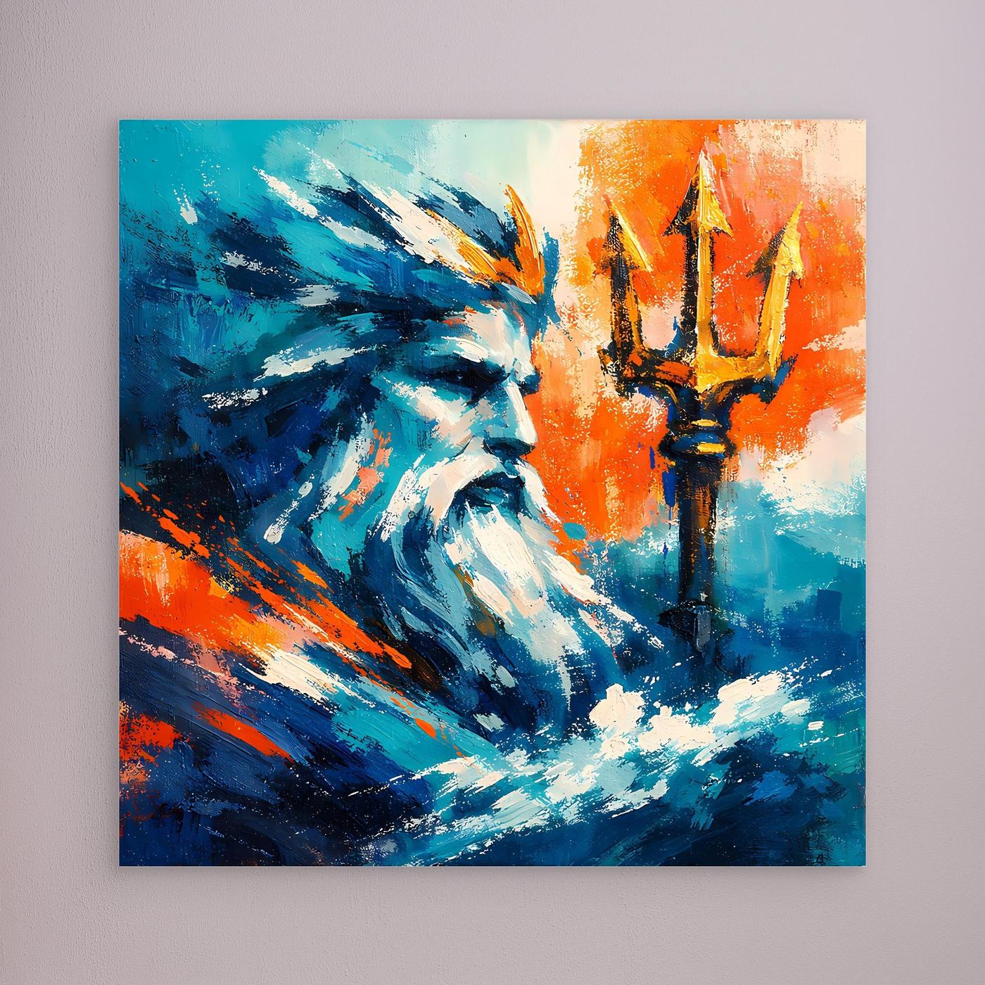 Unframed abstract sea god portrait with blue and orange strokes and trident.