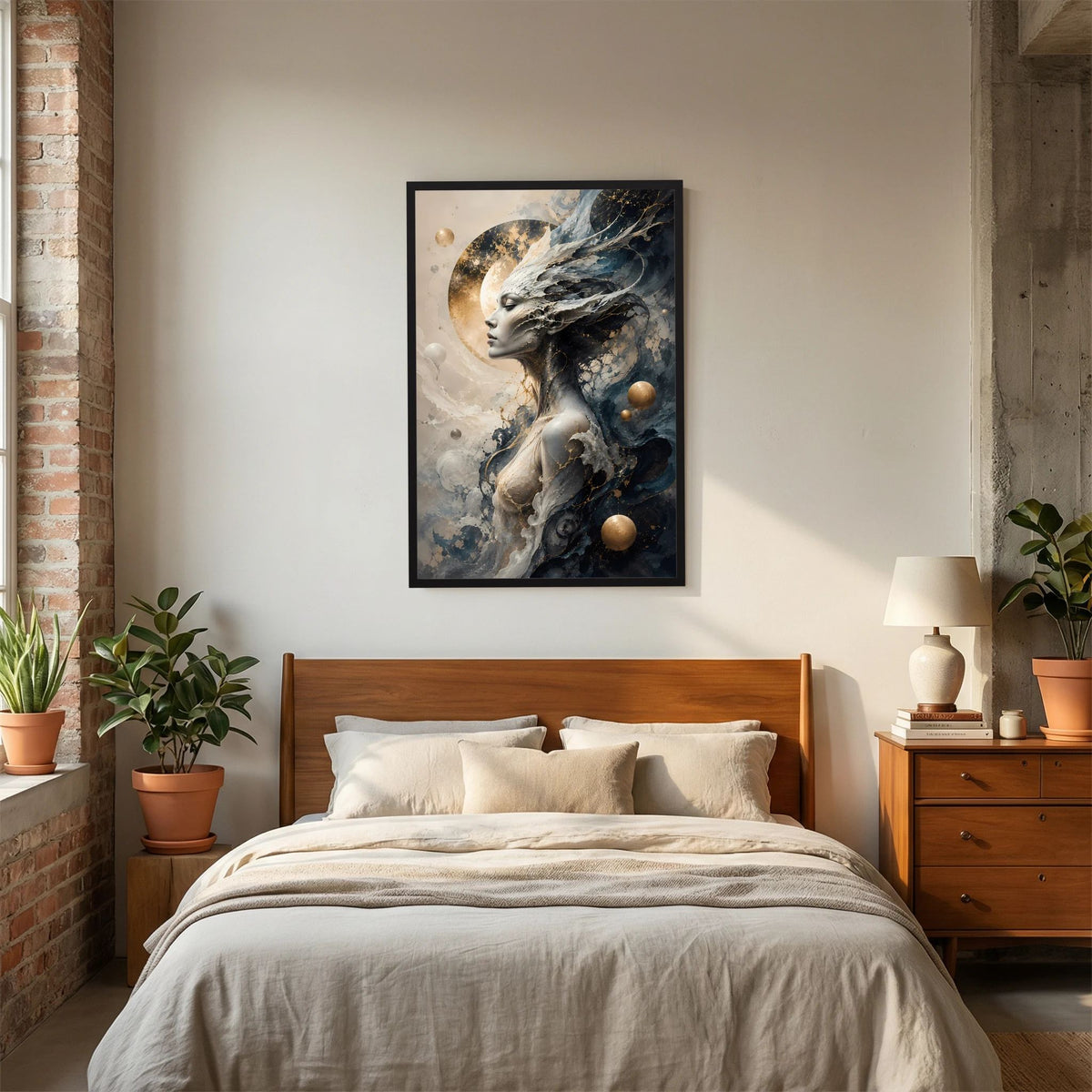 Kosmische Göttin | Mystische Fantasy Frau in Schwarz Gold | Poster Hochformat