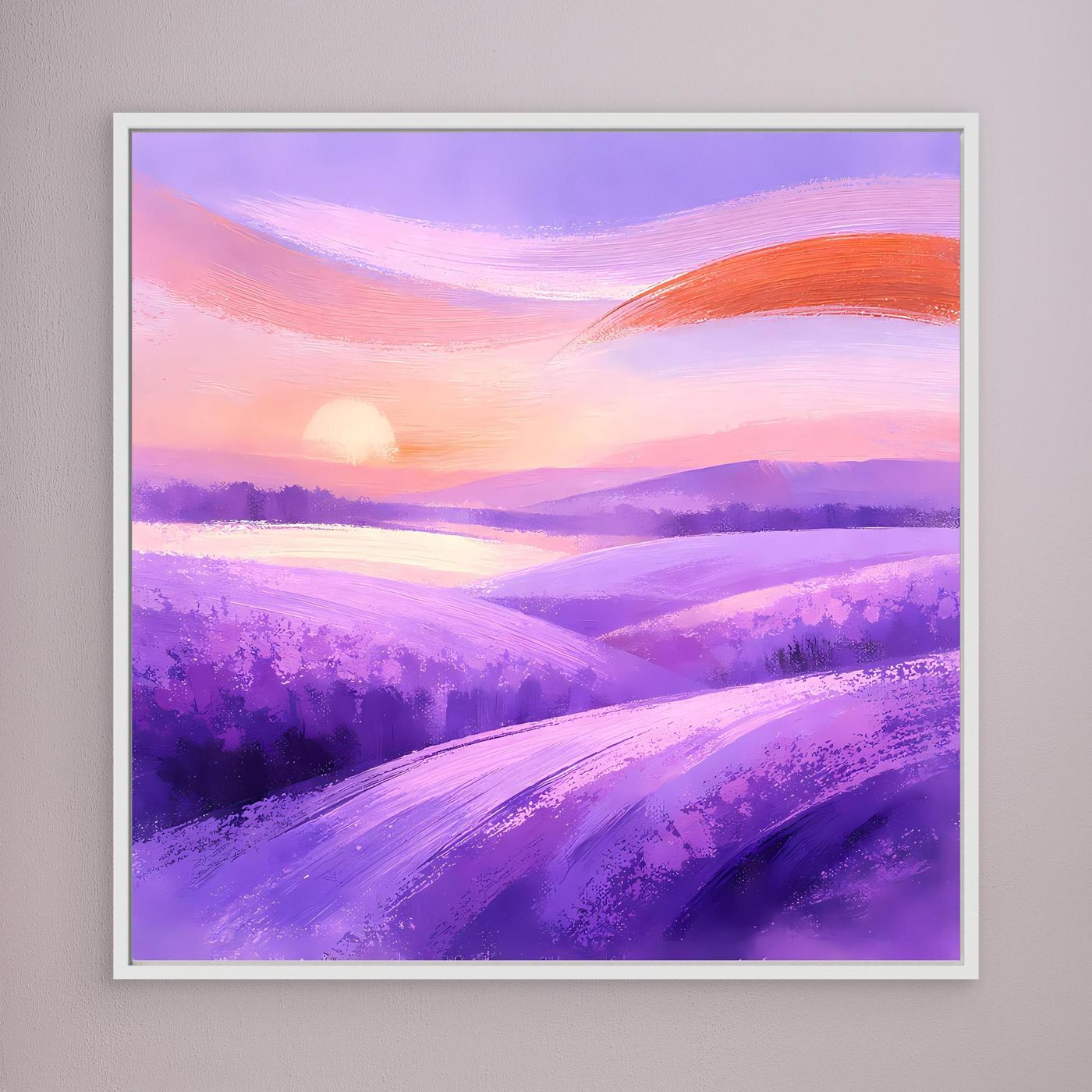 Leinwandbild mit abstraktem Lavendelfeld, violetten Wellen und orangefarbenem Himmel, weiß gerahmt