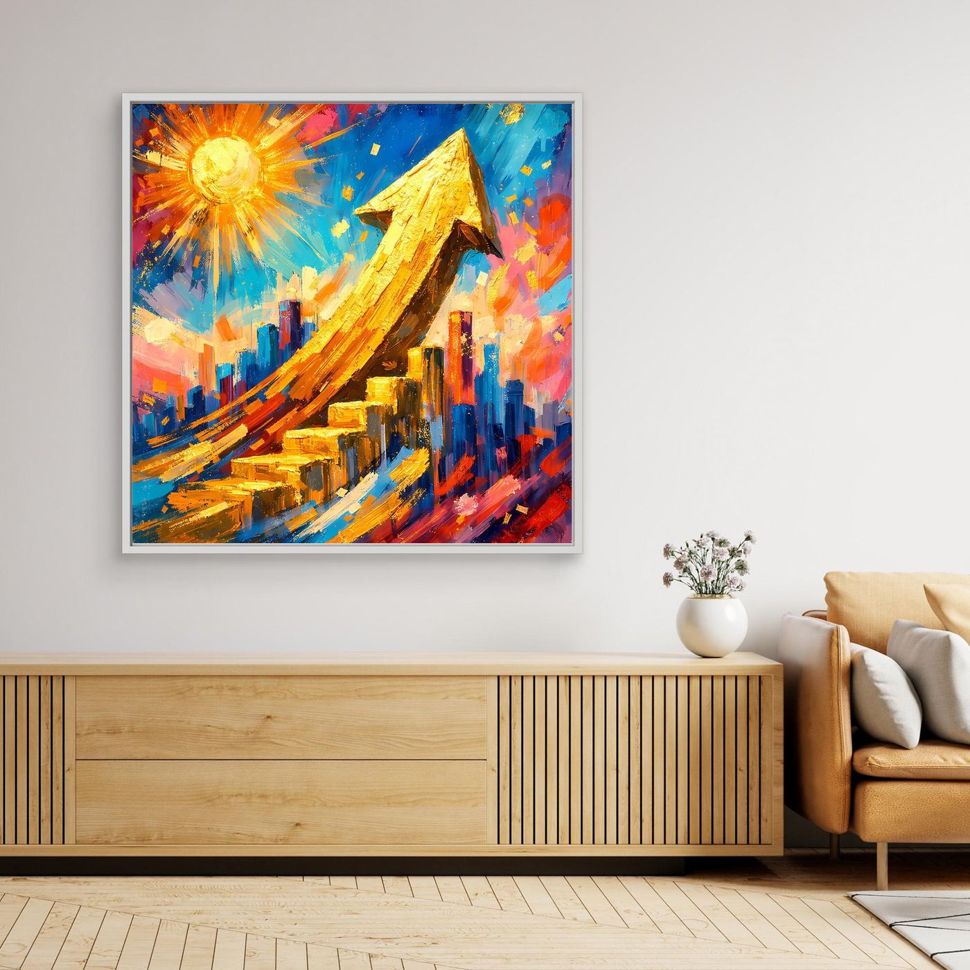 Abstraktes Wandbild mit Goldpfeil und Skyline in Blau-Gelb-Rot, schwarzer Rahmen
