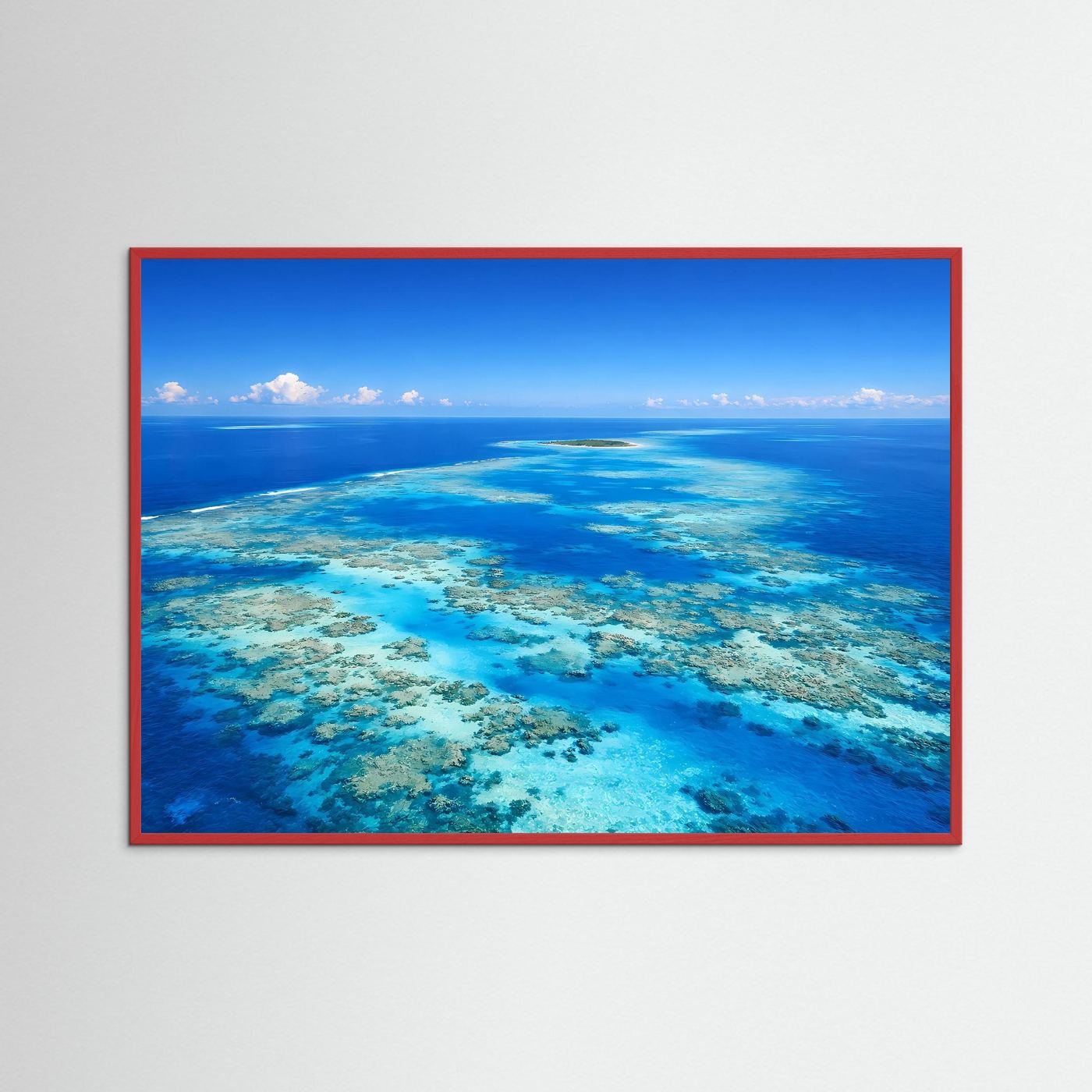 Wandbild mit Meerblick und Korallenriff, rote Einfassung