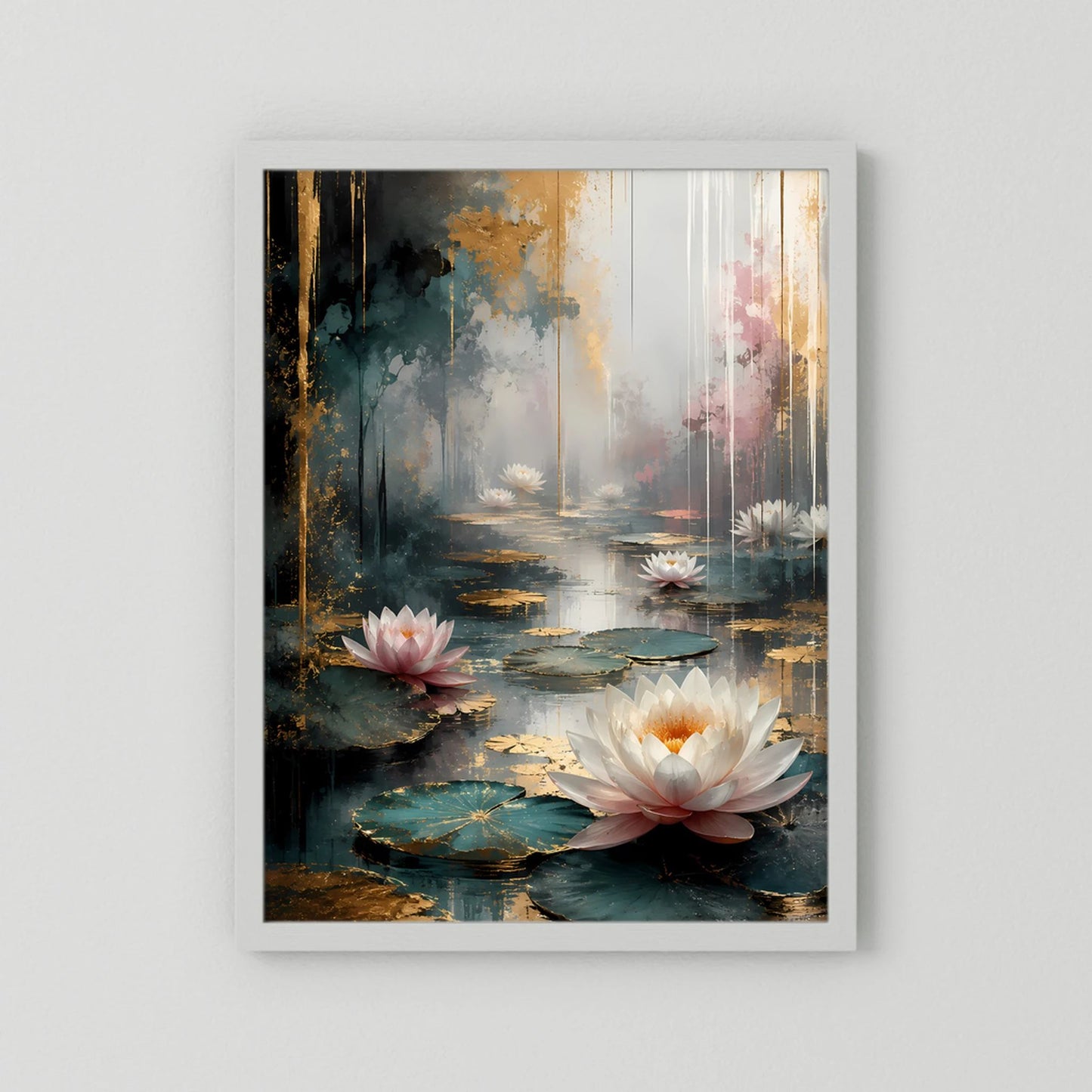 Poster mit abstrakten Wasserlilien in Weiß und Rosa, weiße Einfassung, Hochformat