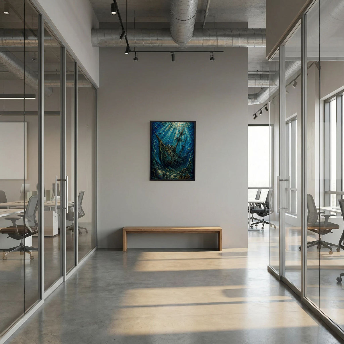 Poster mit versunkenem Segelschiff als Mosaikdarstellung, blau und gold