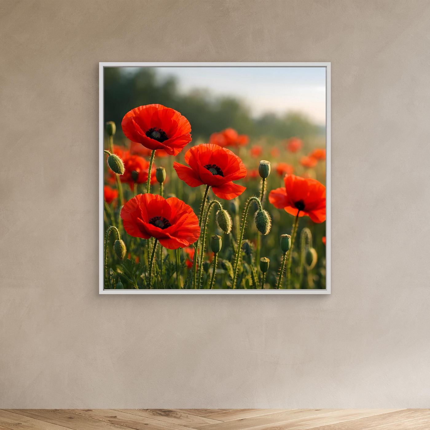 Klatschmohn-Wandbild mit weißem Rahmen, rote Mohnblüten und grüne Kapseln