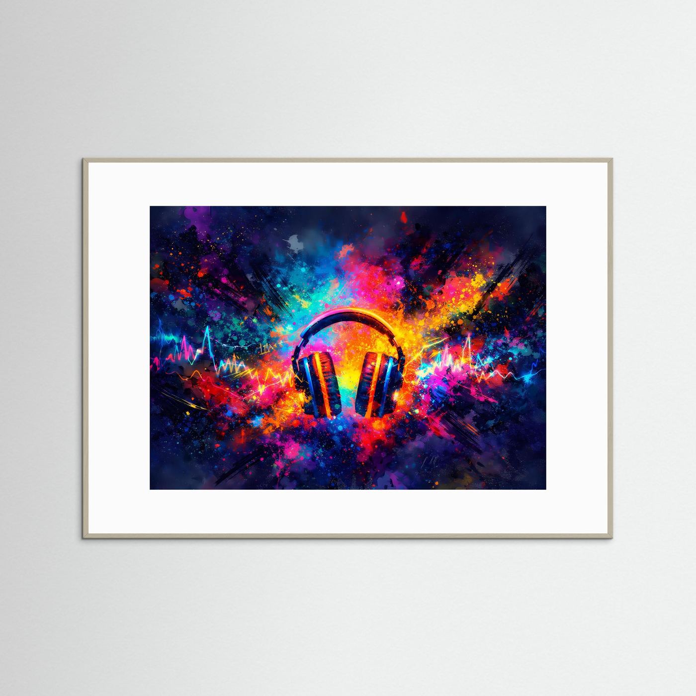 Querformatiges Kopfhörer-Kunstposter mit buntem Soundwave-Motiv im hellem Holzrahmen