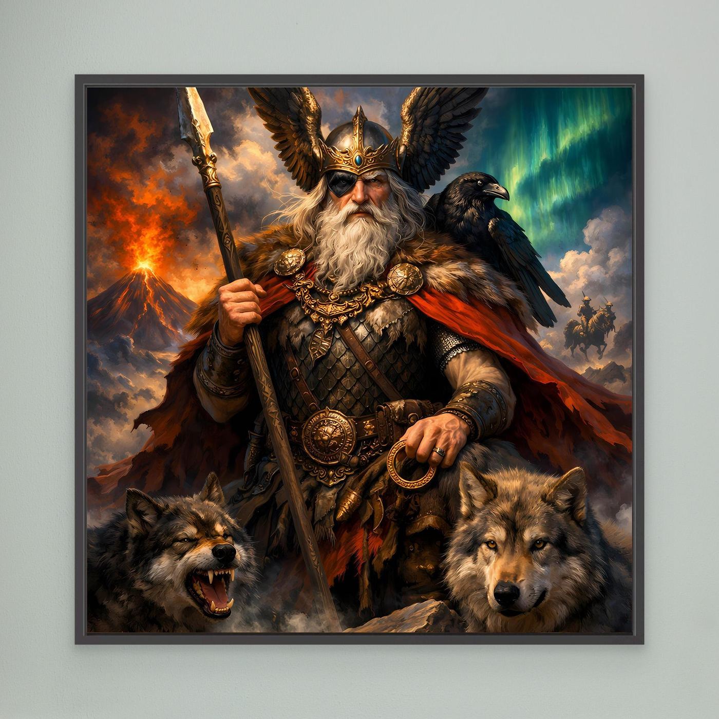 Leinwand Göttervater Odin mit Wölfen und Rabe | Mythologisches Wikinger Wandbild