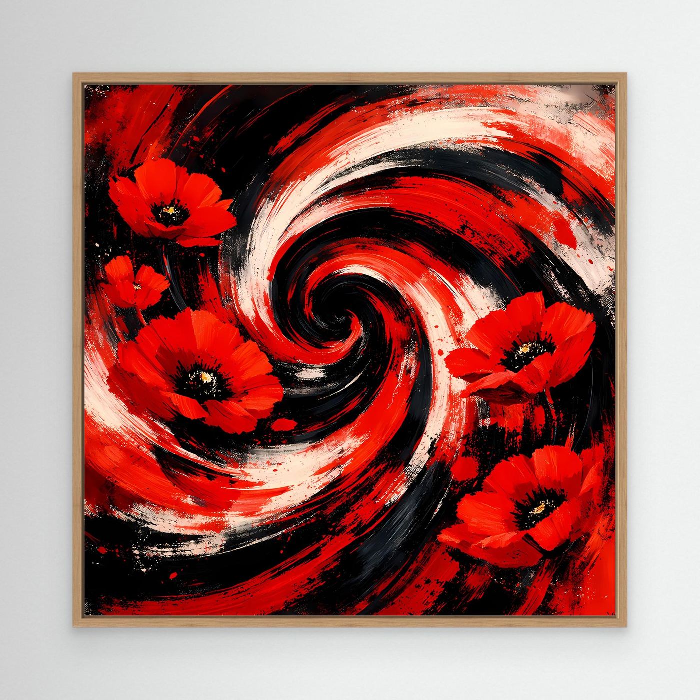 Leinwandbild mit roten Mohnblumen, schwarz-roten Wirbeln, im Eichenrahmen