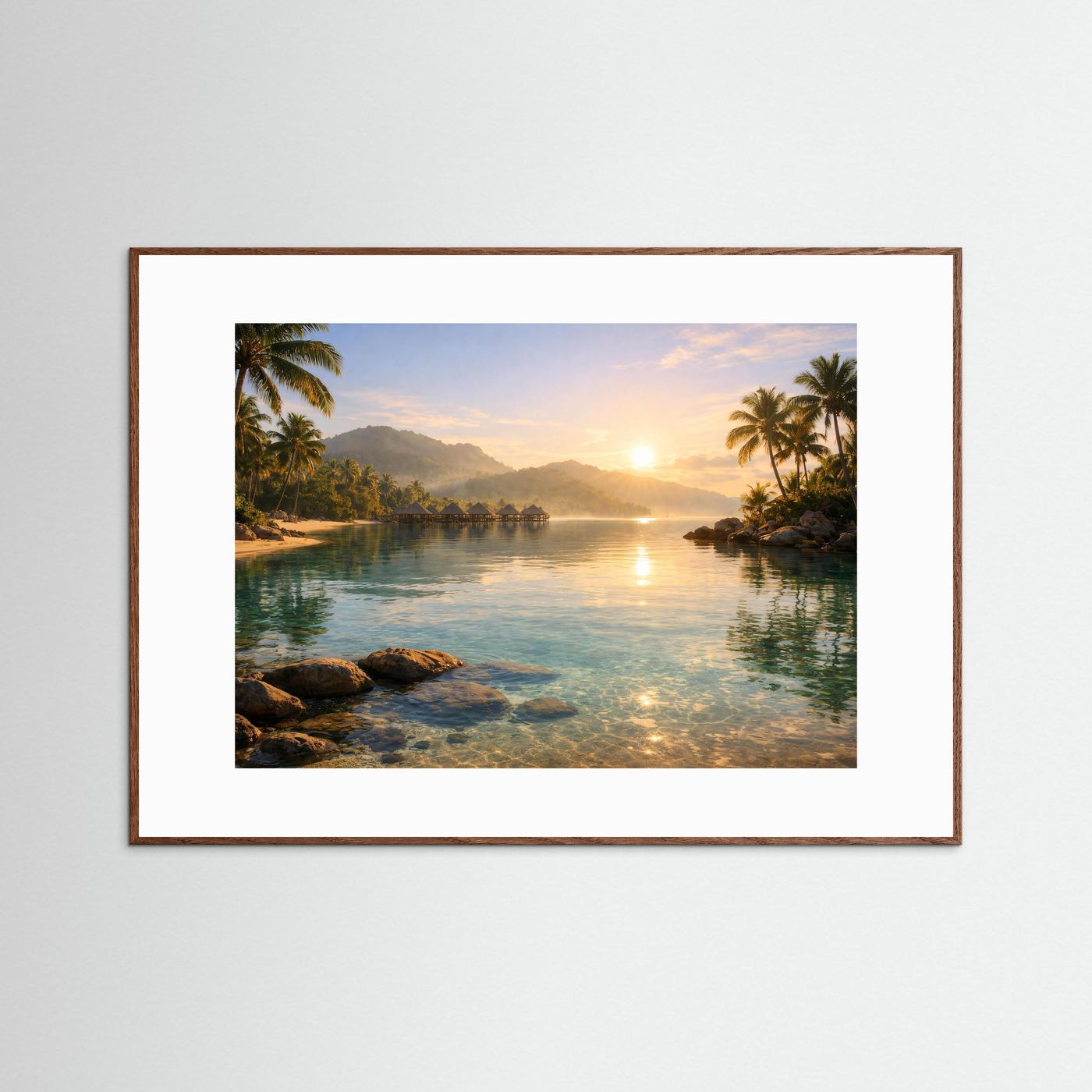 Tropische Lagune im Sonnenaufgang | Südsee & Palmen-Panorama Poster Querformat
