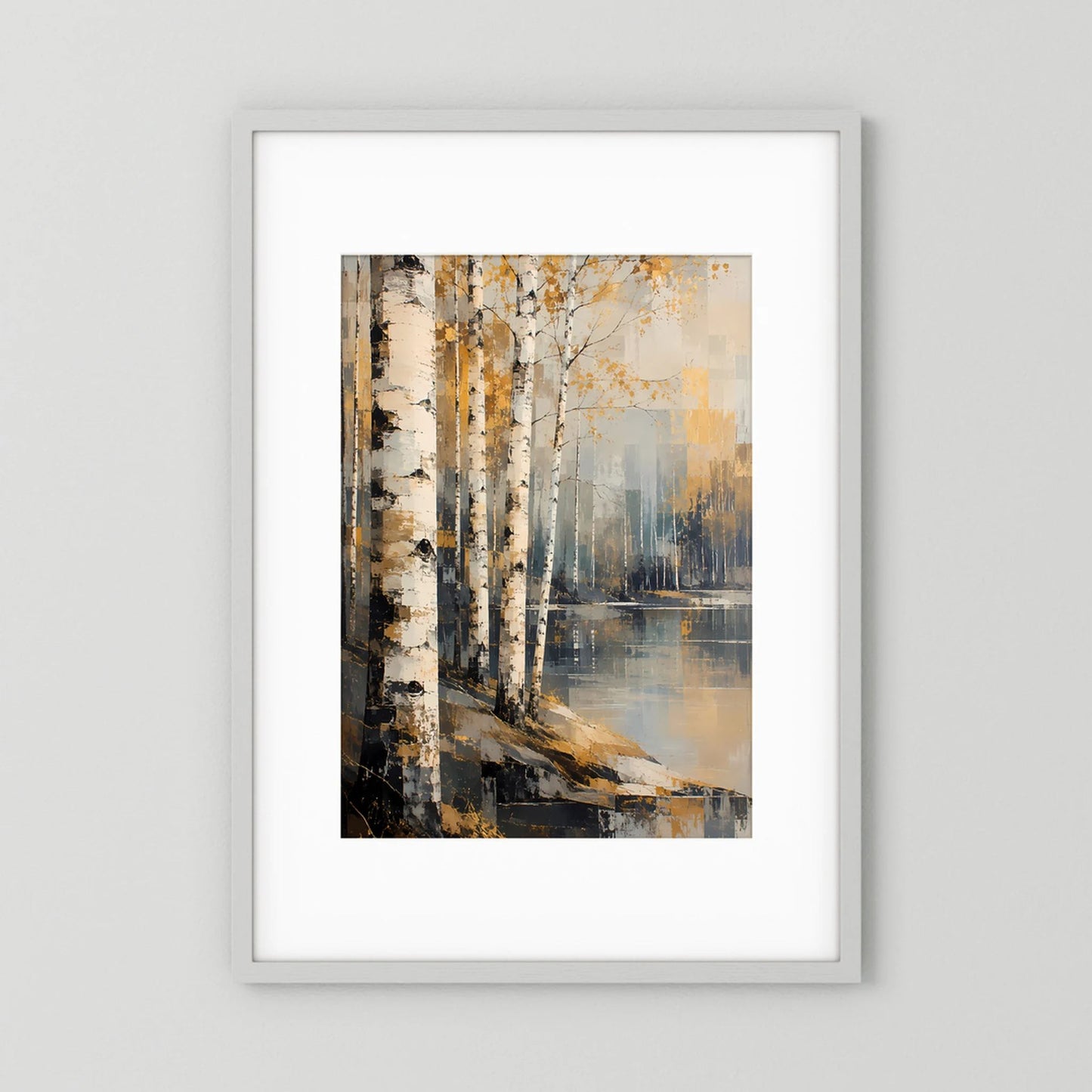 Hochformat-Poster im weißen Rahmen mit abstrakter Birkenwald-Landschaft am Wasser