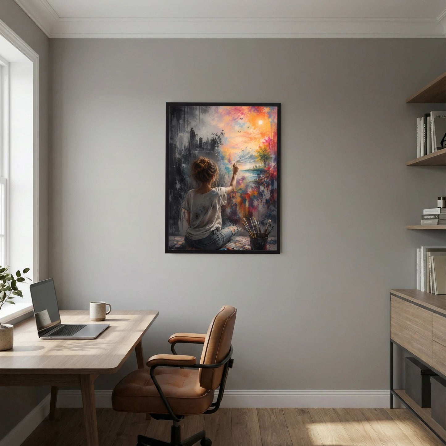 Hochformatiges Poster: Frau sitzt, Stadt-Natur-Motive in Orange und Blau