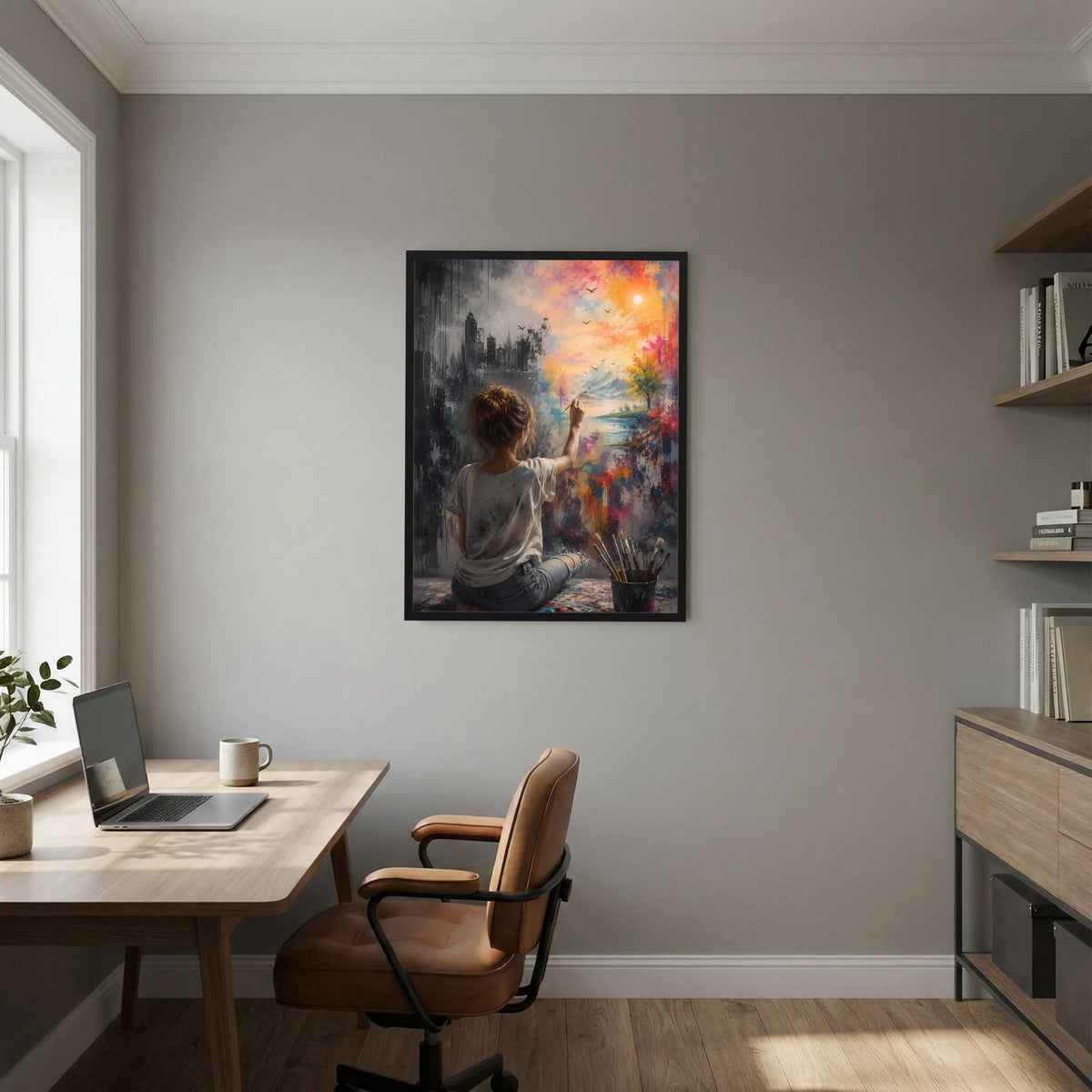 Hochformatiges Poster: Frau sitzt, Stadt-Natur-Motive in Orange und Blau