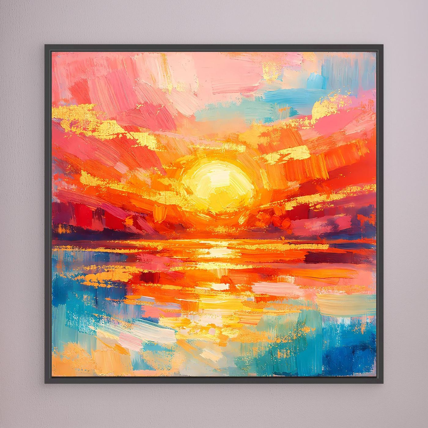 Leinwandbild abstraktes Meer mit Sonne, farbige Pinseltextur und Wasserreflex, schwarz gerahmt