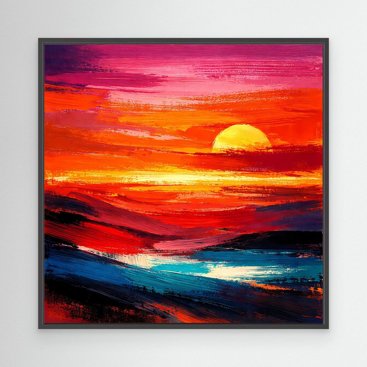 Leinwandbild abstraktes Meer mit Sonnenuntergang, rote und blaue Pinselstriche, schwarzer Rahmen