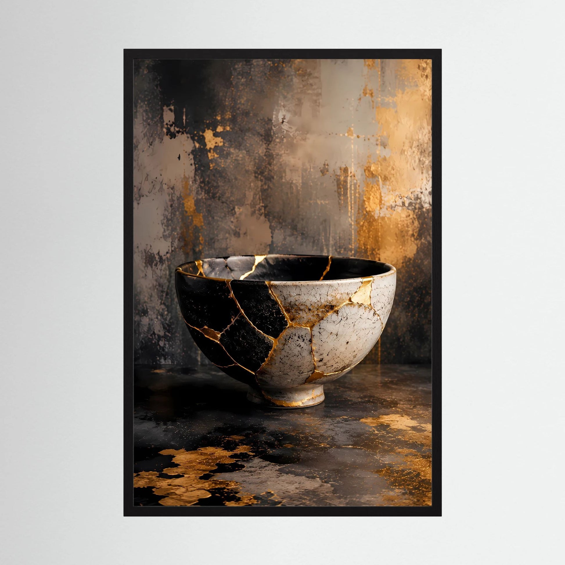 Hochformat-Poster mit Kintsugi-Schale aus Keramik in Schwarz, Weiß und Gold-Geflecht.