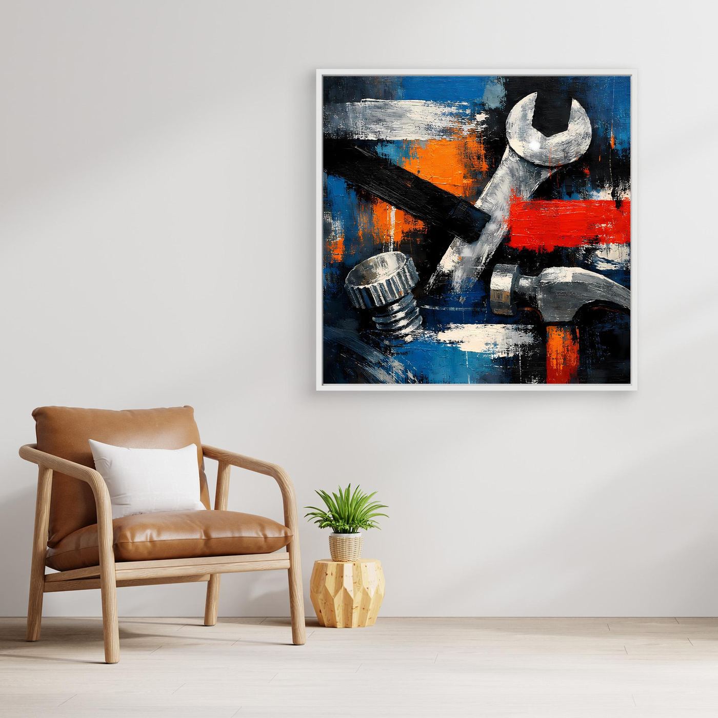 Square abstract tool wall canvas with wrench and hammer, blue, orange, and red strokes
