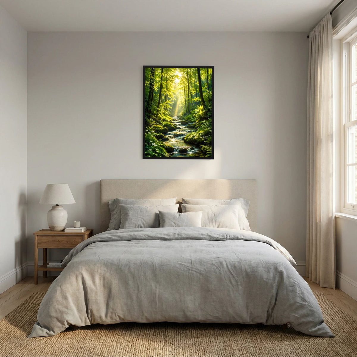 Hochformat-Poster mit Bach im Wald und Sonnenlicht zwischen den Bäumen, schwarz gerahmt