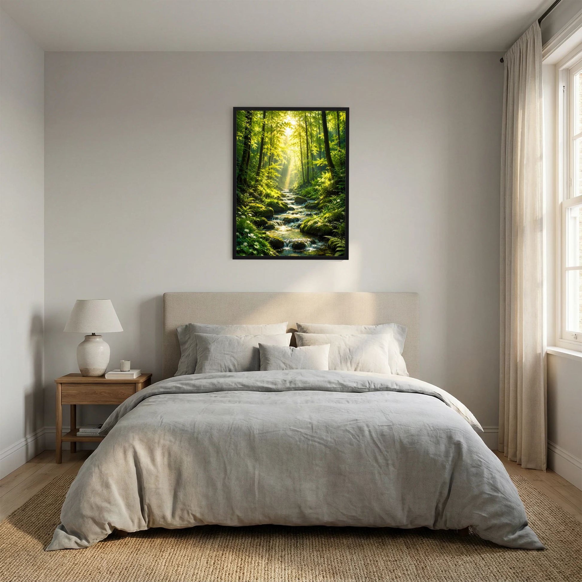 Hochformat-Poster mit Bach im Wald und Sonnenlicht zwischen den Bäumen, schwarz gerahmt