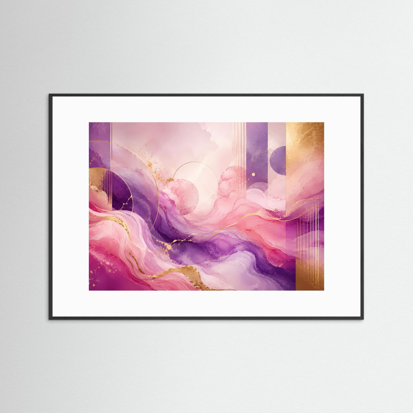 Gerahmtes Poster mit weißem Passepartout im Querformat: abstrakte Wellen in Rosa/Violett mit Goldakzenten