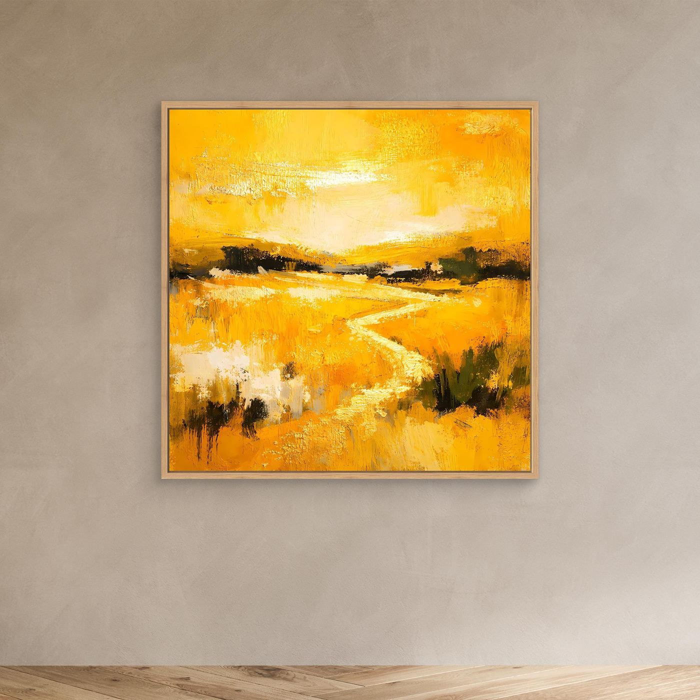 Leinwand Abstraktes Landschaftsgemälde in Gelb und Gold | Modernes Natur Wandbild mit Fluss