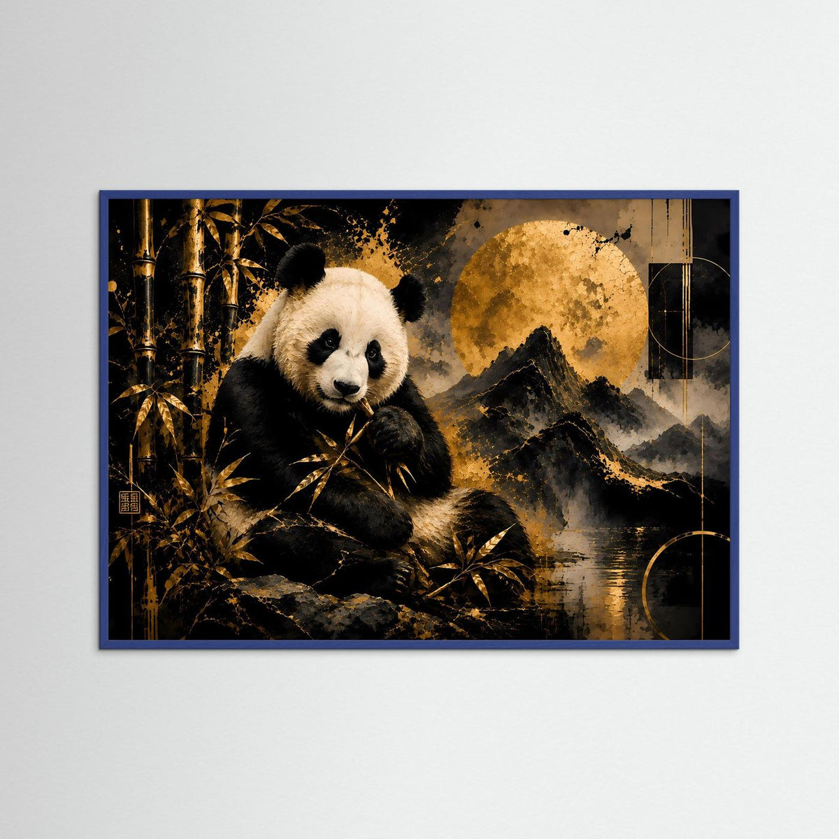 Gerahmtes Poster im Querformat mit Panda und Bambus, dunkler Berglandschaft