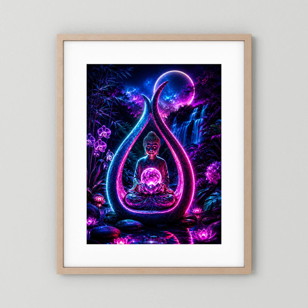 Neon-Poster im Hochformat: Buddha in Lotuspose, hellbrauner Rahmen
