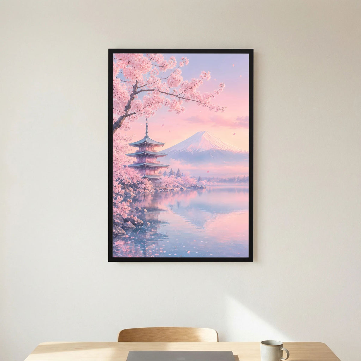Vertikales Poster mit Kirschblüten über spiegelndem See, Fuji & Pagode, schwarzer Rahmen