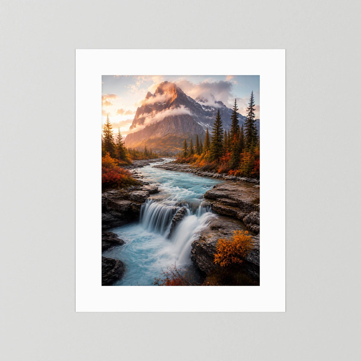 Hochformat-Poster mit weißem Passepartout und Wasserfall in der Berglandschaft