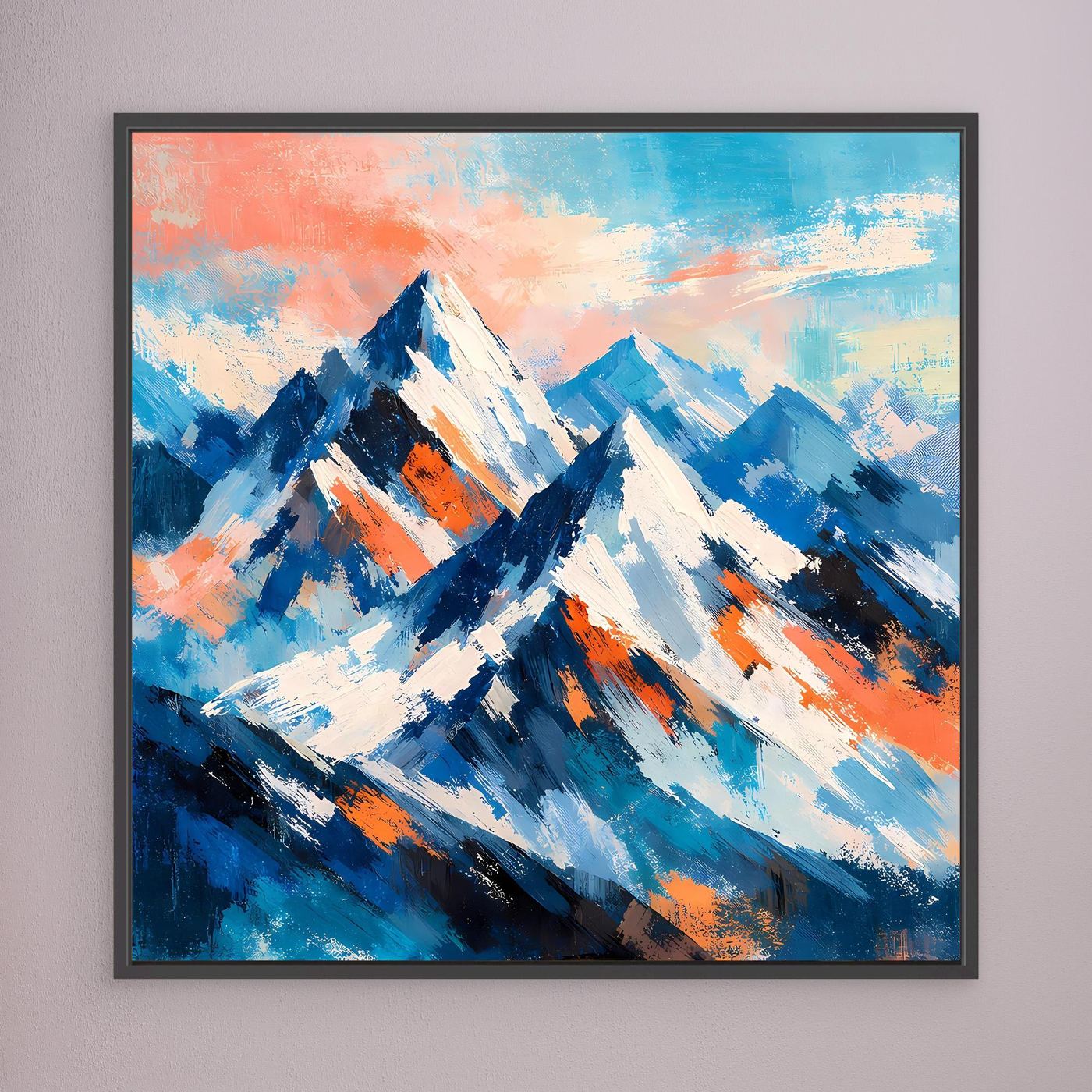 Gerahmtes Leinwand-Wandbild mit abstrakten Schneebergen, schwarzer Rahmen, Blau, Weiß, Orange