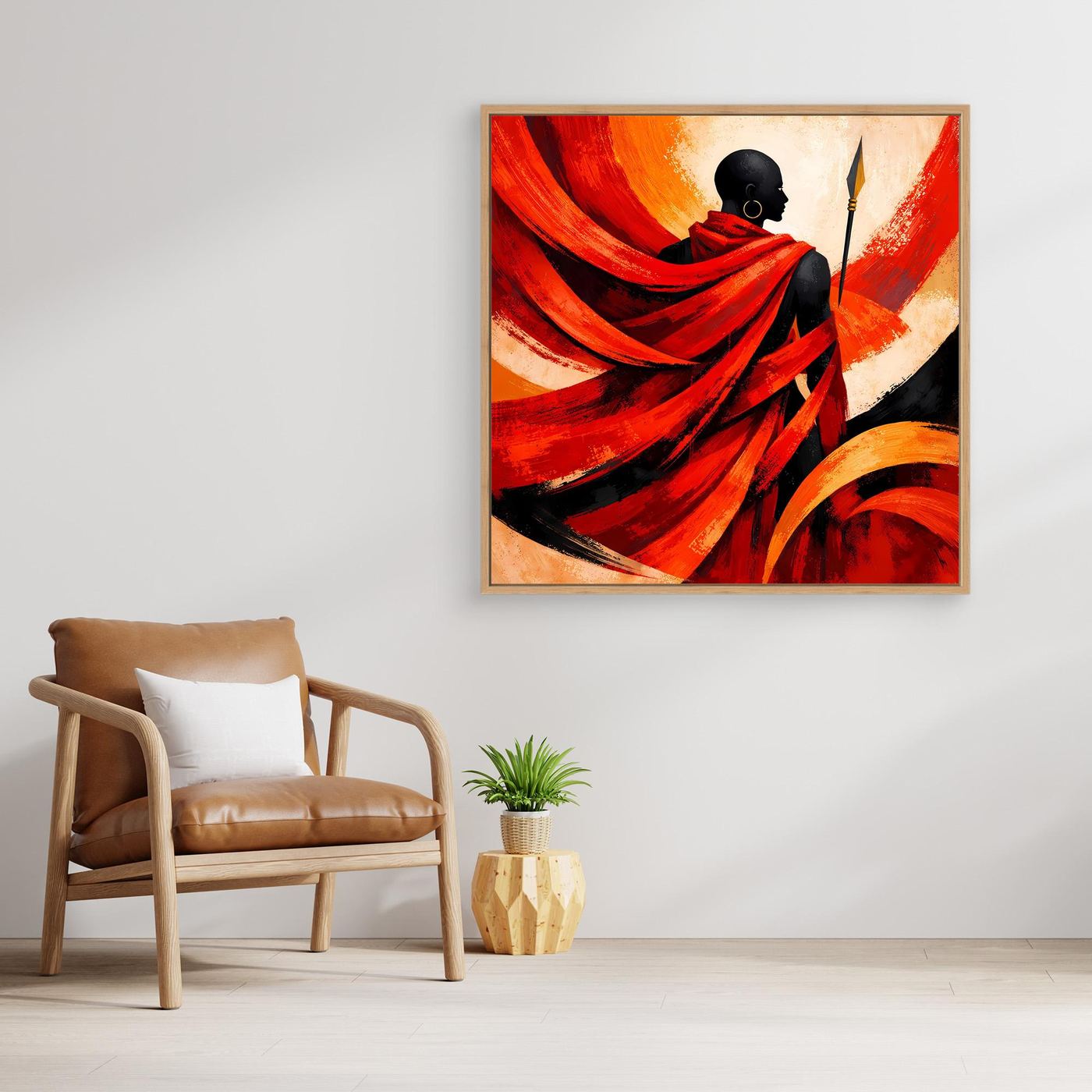 Leinwand-Wandbild: schwarzer Kopf und Speer, rotes Gewand in geschwungenen Formen