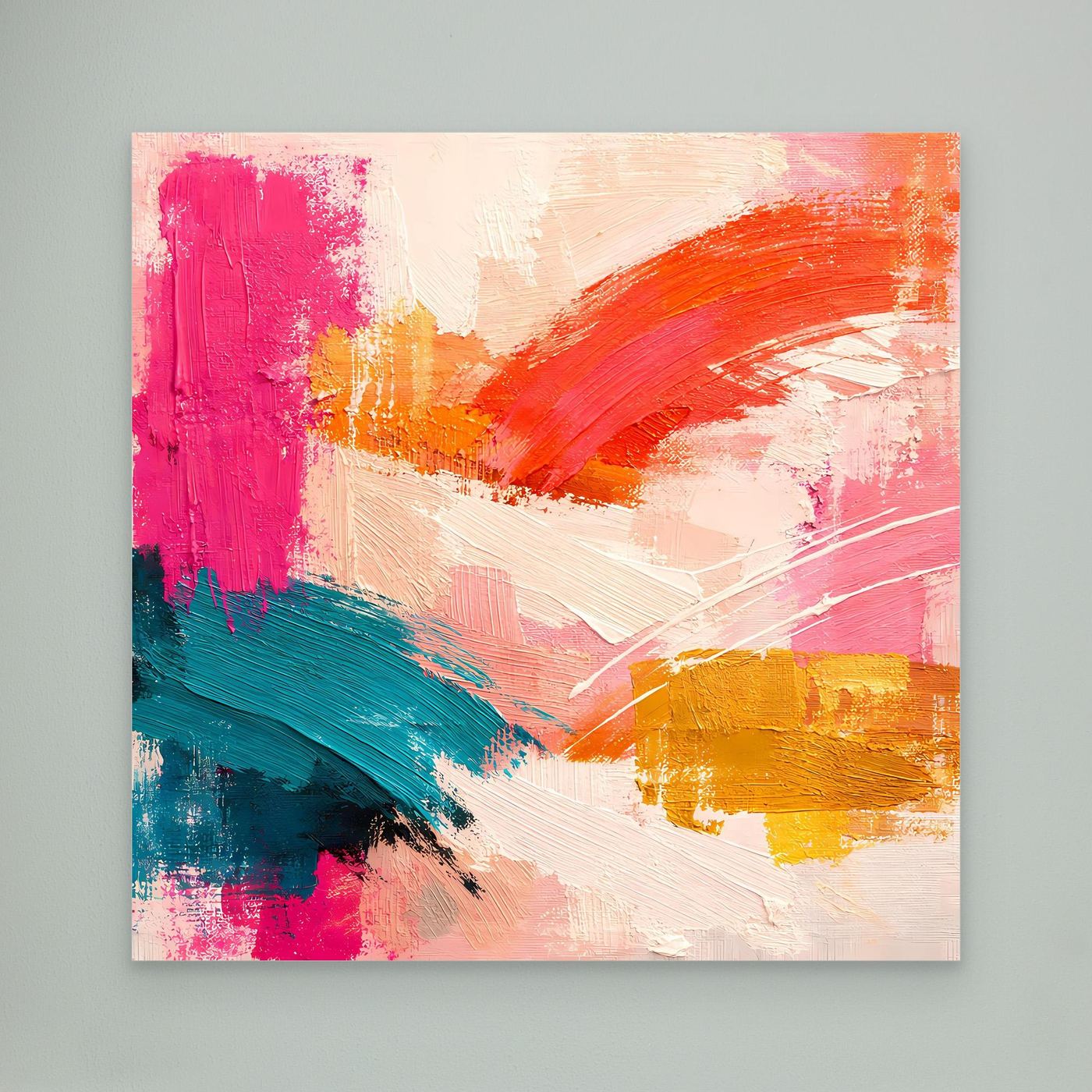 Abstraktes Wandbild mit pastelligen Farbflächen und Pinselstrichen in Pink, Orange, Türkis