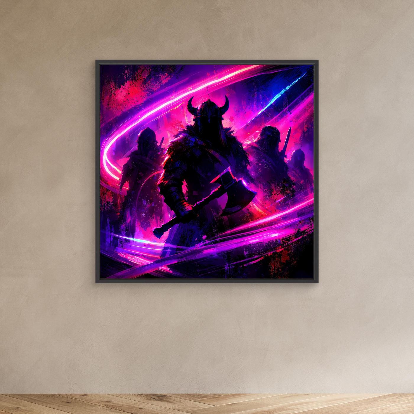 Neon-Wandbild mit Wikingerkriegern in Pink/Lila/Blau, abstrakte Silhouetten, schwarzer Rahmen