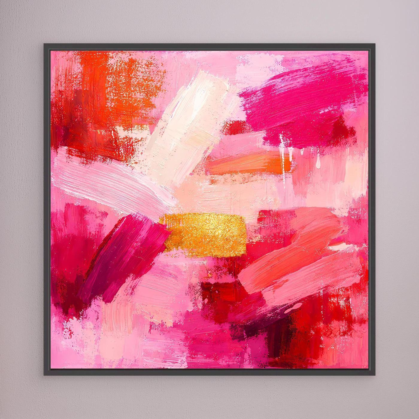 Black-framed abstract canvas wall art with pink and red brushstrokes and gold accent blocks