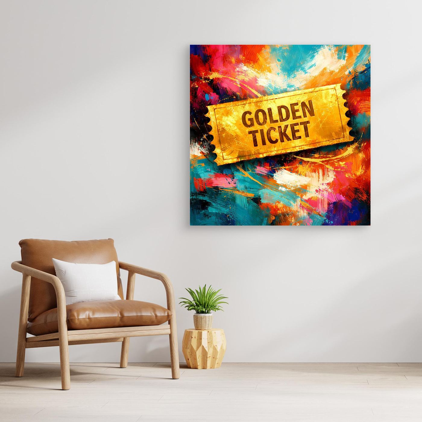 Abstraktes Leinwandbild mit goldenem „Golden Ticket“-Schriftzug, kräftige Farben und Spritzer