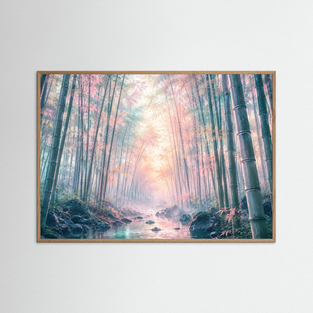 Wandposter im Natur-Eichenrahmen, nebliger Bambuswald mit Pfad und Felsbrocken