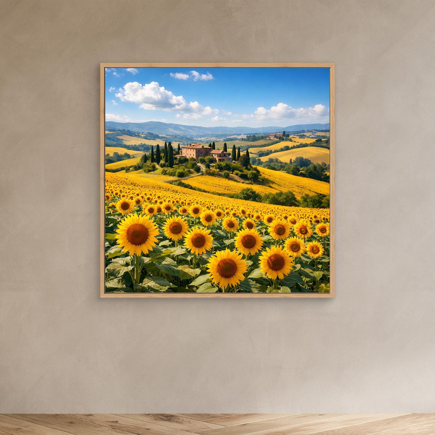 Leinwandbild Sonnenblumenfeld in Toskana-Landschaft, mit hellem Rahmen