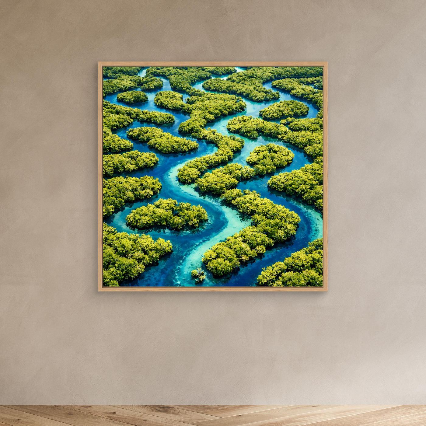 Quadratisches Leinwandbild Wasserlabyrinth mit Rahmen: türkisblauer Fluss und grüne Inseln