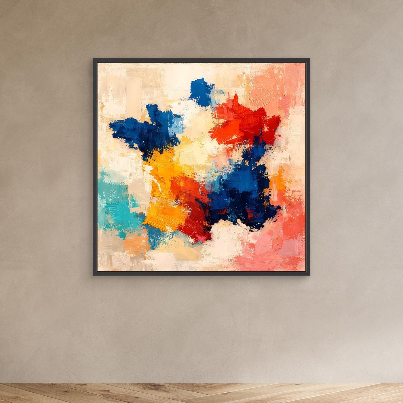 Abstract France map canvas wall art with blue, red, orange paint strokes, dark frame